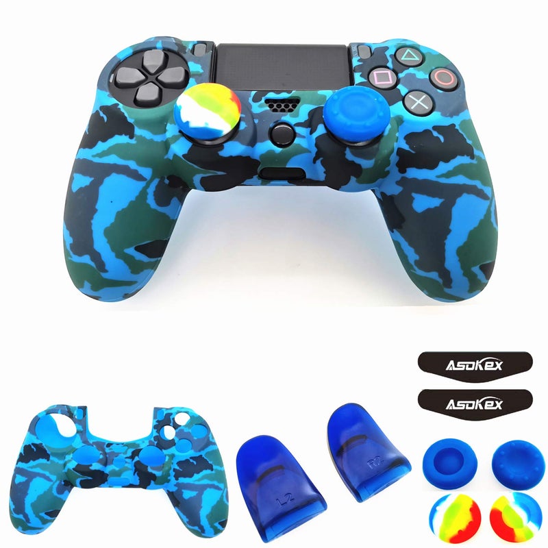 Asokex Silicone Skin Cover for Ps4 Controller (1pc Anti-Slip Case, 1 Pair L2 R2 Trigger Extender, 4pcs Thumb Grips,4pcs LED Light Bar Decal) Protector for DualShock PS4/ Slim/Pro Controller (Blue camouflage) - Image 1